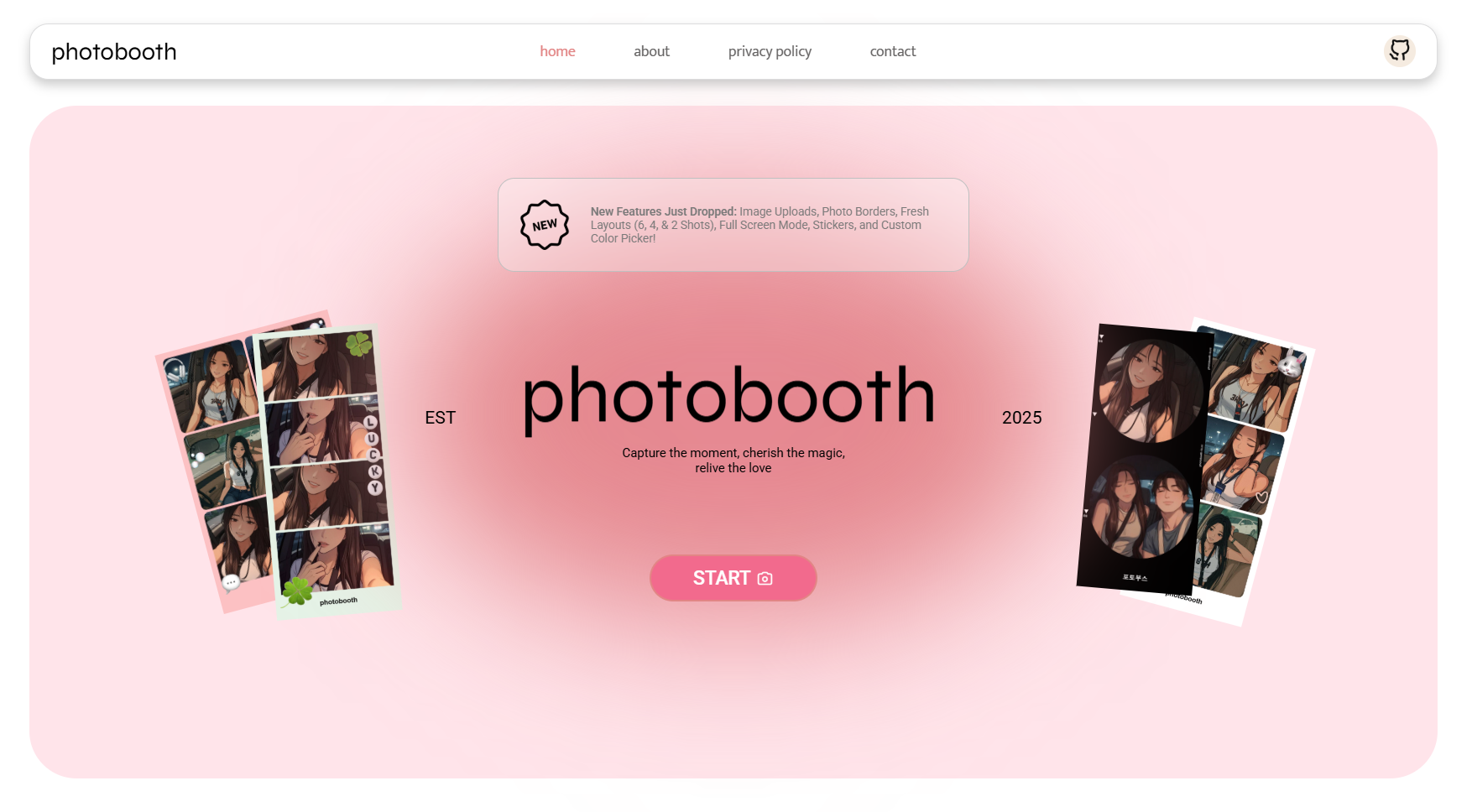 Photobooth-io homepage with creative photo strips